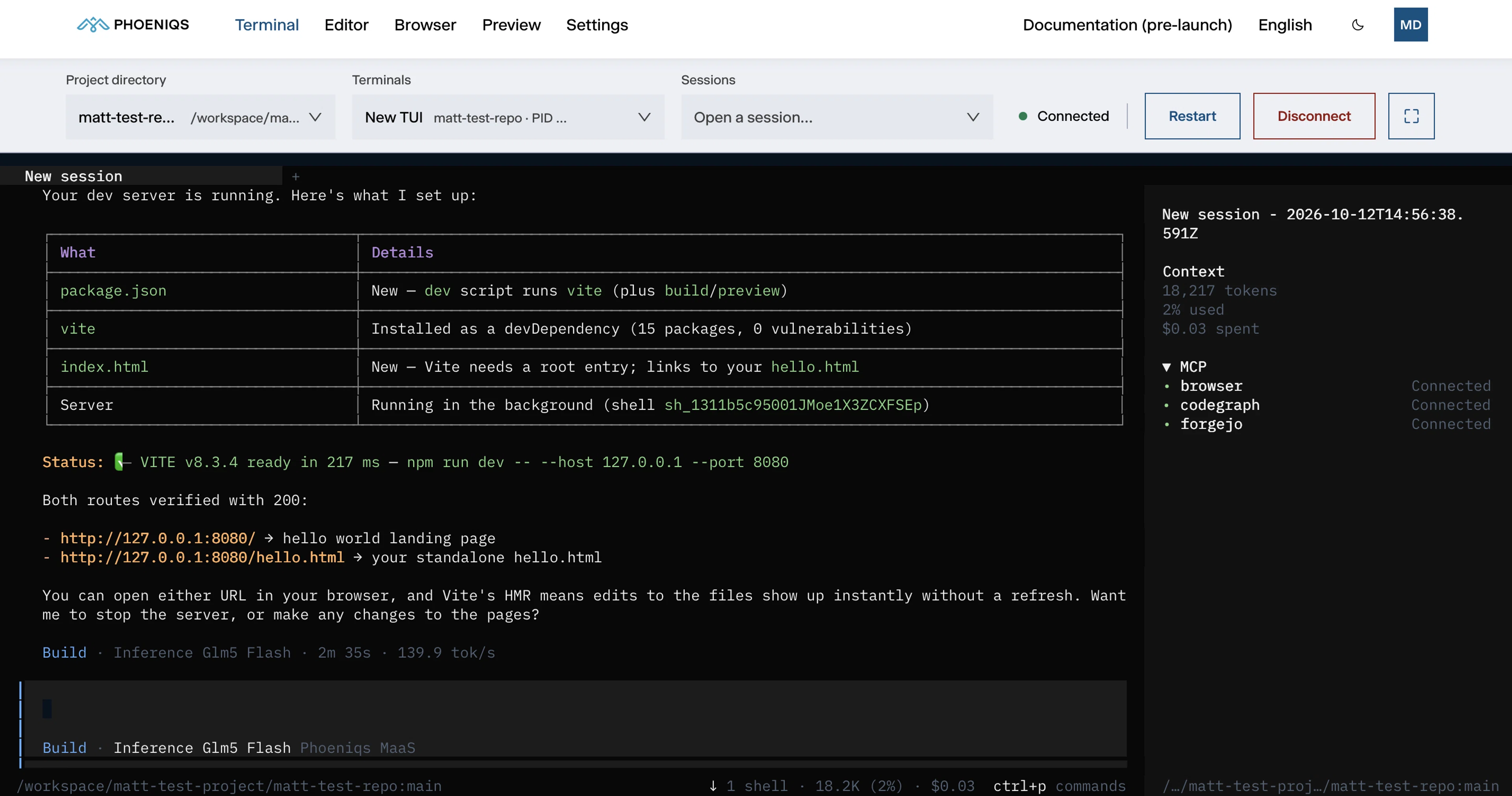 PHOENIQS AI Build terminal: the coding agent has set up a project and the dev server is running